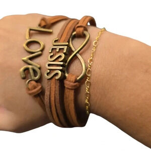 2 LEFT! Love Jesus Infinity Charm Faux Leather Multi-layered Bracelet